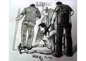 中共酷刑示意圖：背銬、電擊、棒打、踩踢